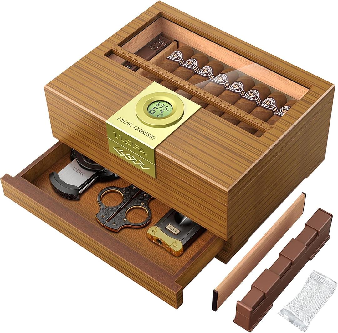 TISFA Cigar Box Handcrafted Humidor with Hygrometer and Humidifier, Cedar Wooden Humidor Case with Drawer, Divider, Cigar Length Gauge, Desktop Humidor Box Gifts Cigar Accessories (Light)