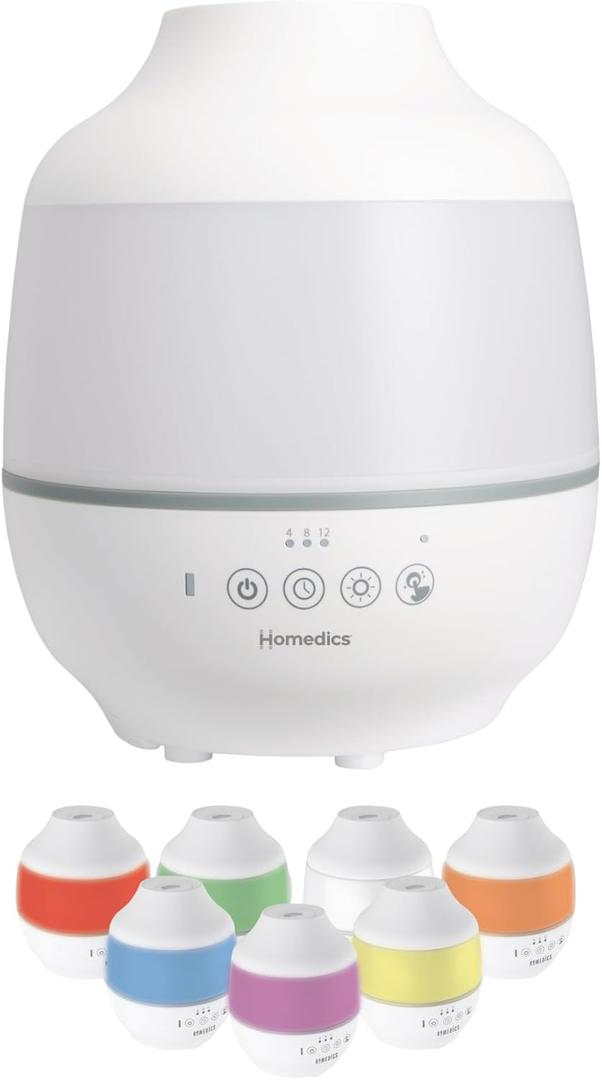 Homedics TotalComfort Humidifier  Large Air Humidifiers for Bedroom, Plants, Office  Cool Mist, Essential Oil Pads and Built-In Timer, 7-Color Night-Light, 2 Mist Settings, White