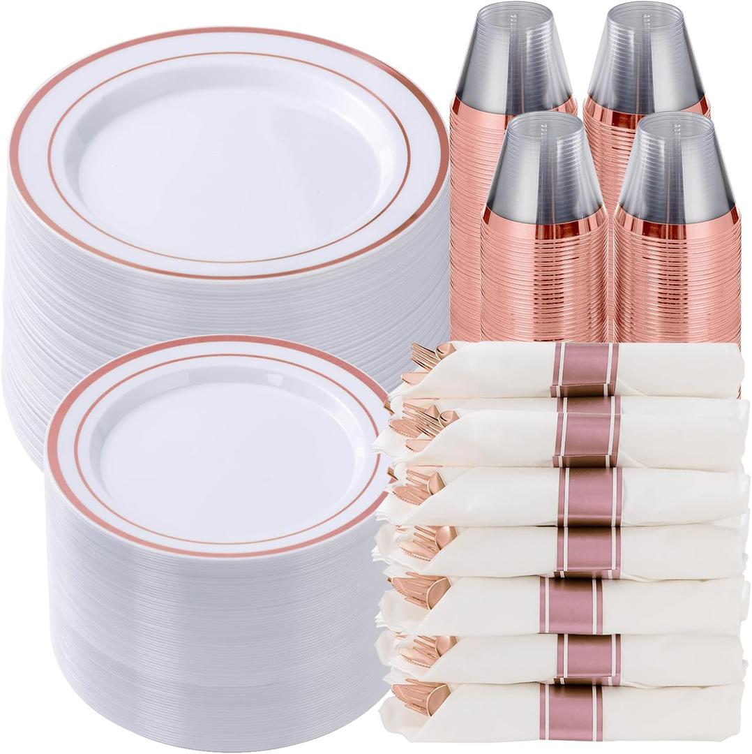 700 Piece Rose Gold Plastic Dinnerware Set for 100 Guests