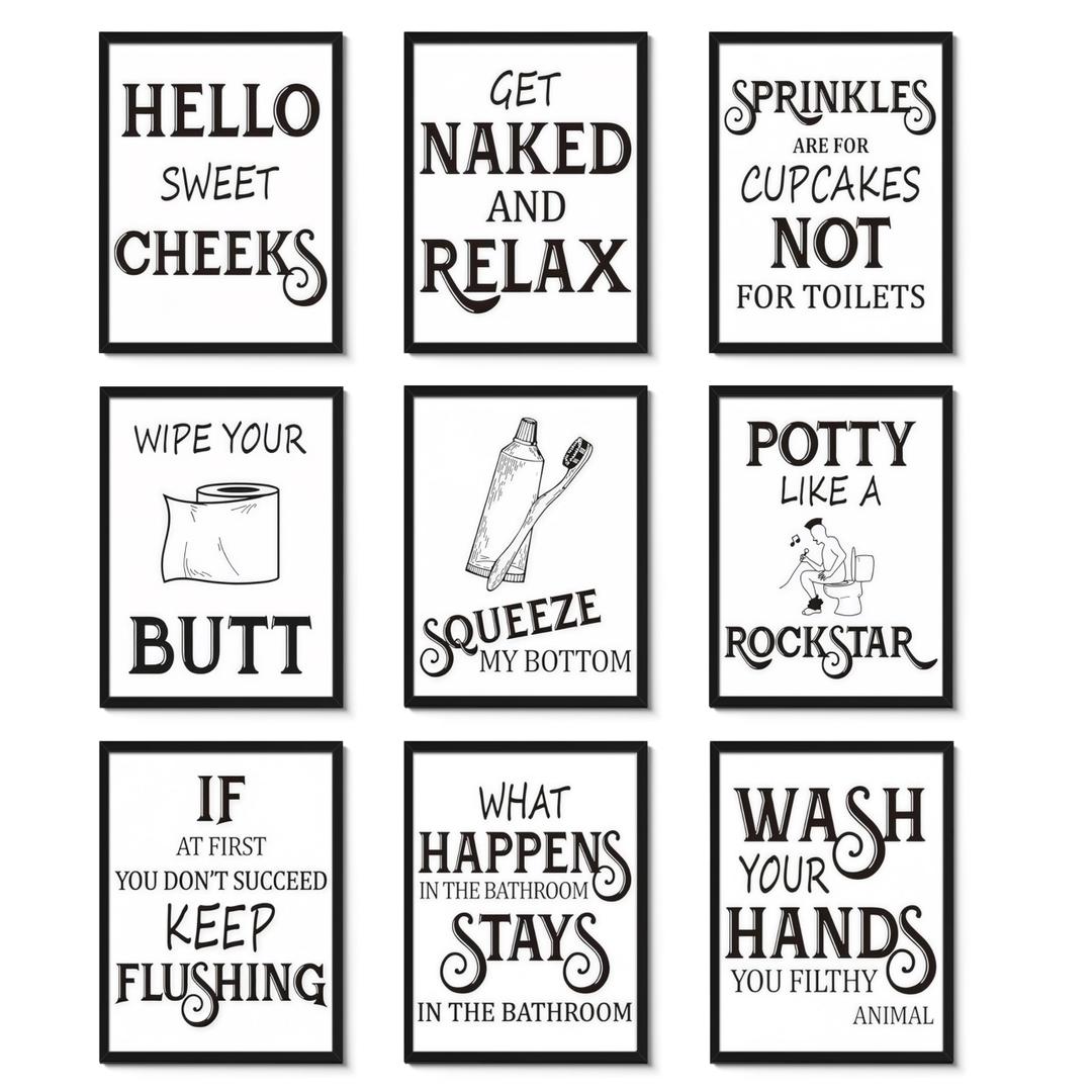 MJONG 9 Pieces Bathroom Decor Wall Art Posters Artwork Funny Bathroom Signs Canvas Prints, Vintage Washroom Quotes Sayings Pictures Wall Decor for Restroom Toilet Decoration Unframed 8x10in