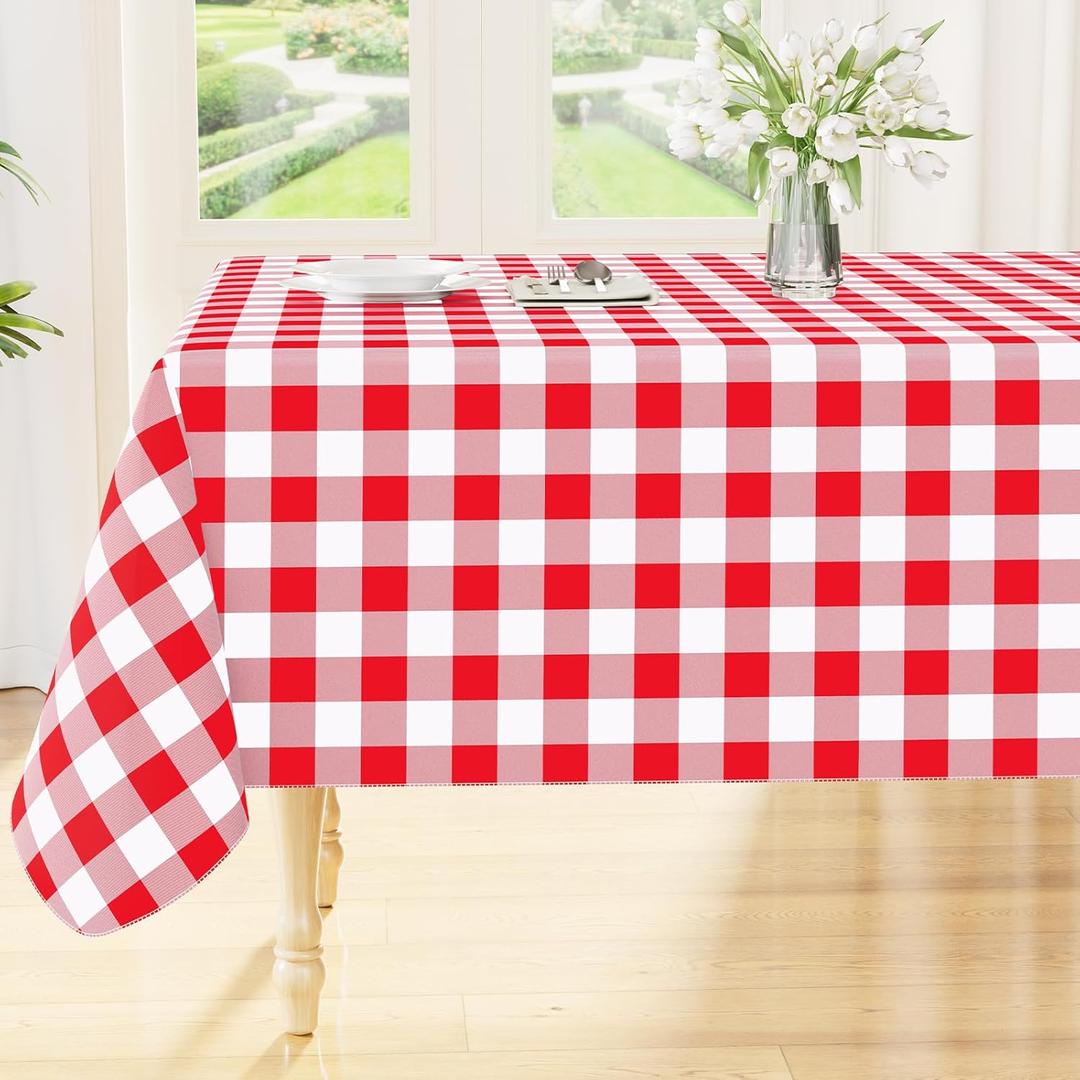 Smiry Rectangle Table Cloth, Waterproof Vinyl Tablecloth with Flannel Backing, Wipeable Buffalo Plaid Table Cover for Picnic, Indoor and Outdoor (Red & White, 60"x102")