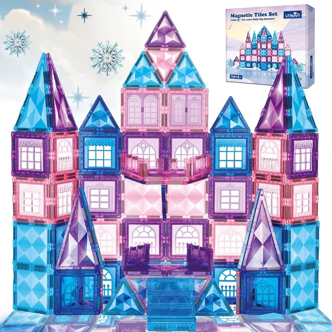 Little Pi 102pcs Frozen Princess Castle Magnetic Tiles Building Blocks - 3D Diamond Blocks, STEM Educational Toddler Toys for Pretend Play, 4 Year Old Girl Birthday Gifts Kids Ages 3 5 6 7 8 - Blue