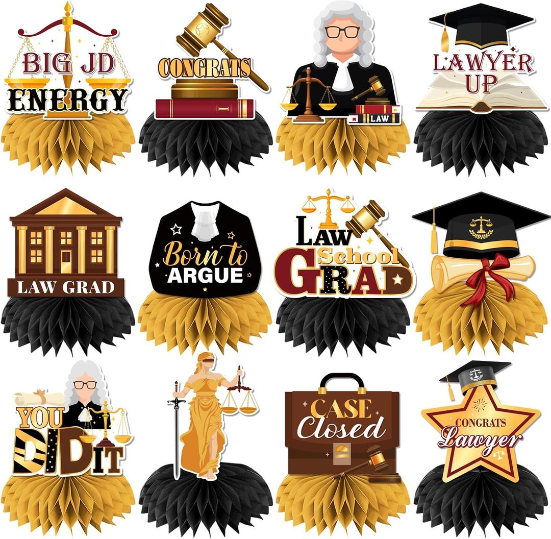 Law School Graduation Decorations 2026, 12Pcs Black Gold Honeycomb Centerpieces for Lawyer Grad Party Supplies, Law School Graduation Class of 2026