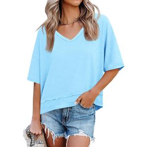 Cicy Bell Womens Summer V Neck T Shirts Casual Short Sleeve Flowy Tops Cute Loose Fit Basic Tees (Blue, L)