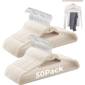 Ivory Velvet Hangers 50 Pack, Felt Covered Non Slip Fabric with Stackable Cascading Hook, Ultra Thin and Space Saving with 360 Swivel Neck, 15Lbs Capacity for Clothes, Suit, Shirt, Coat
