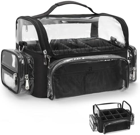 Makeup Brush Bag, Makeup Brush Case for Makeup Artist with Plastic Dividers Washable, Portable Travel Makeup Train Case with Clear Waterproof Cover for Easy to Clean and Find with Adjustable Strap