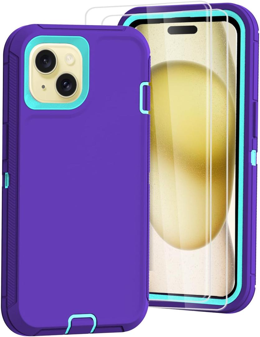 Tall silver for iPhone 15 Case with [2 Screen Protector ], Military Grade Shockproof Heavy Duty Drop Protection Rugged Case 6.1"(Purple Blue)
