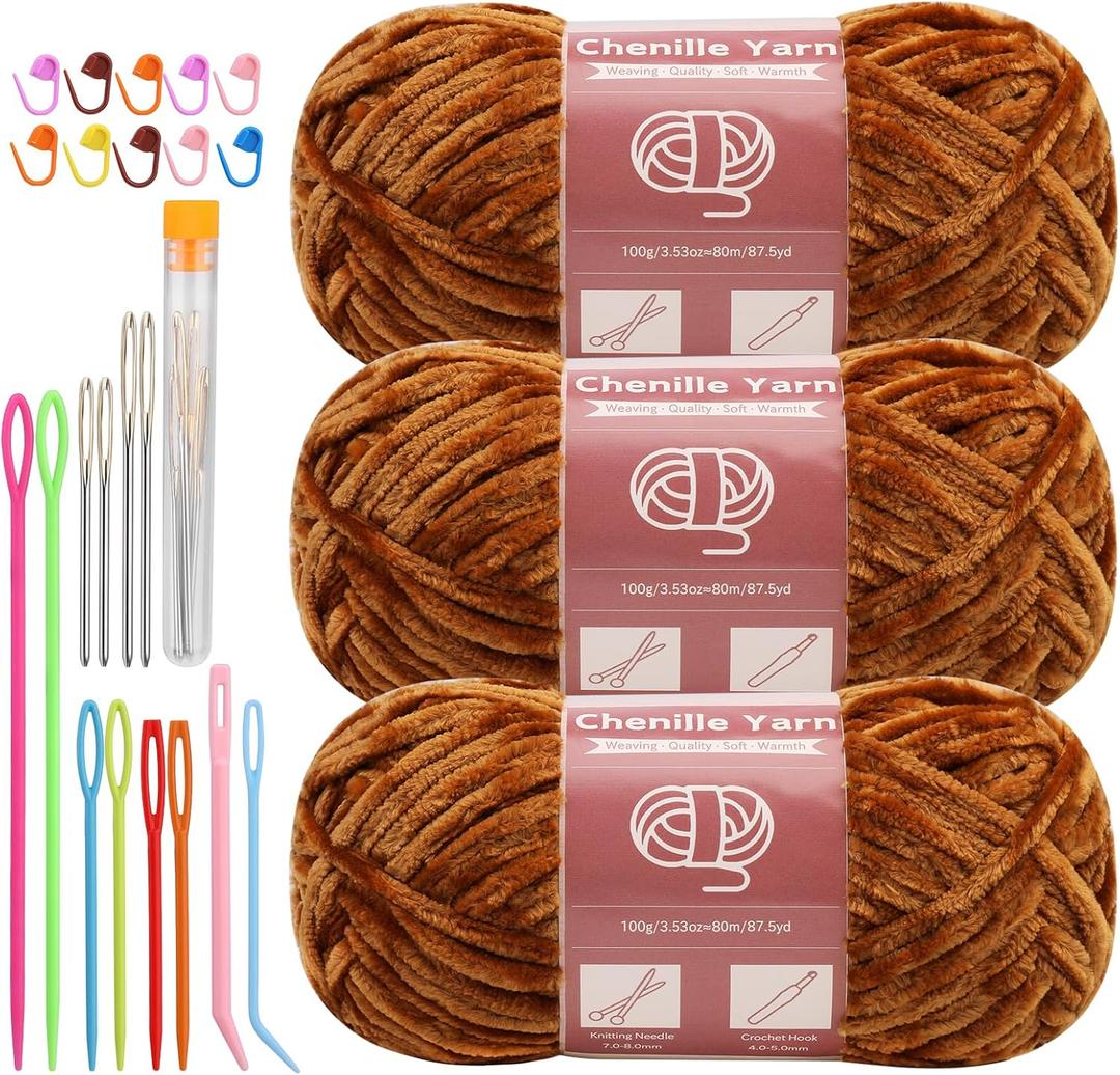 Chenille Yarn for Crocheting Knitting, 3 Skein 263 Yard Thick Soft Chunky Fluffy Weaving Plush Yarn for Blankets Clothes Pattern Creations with Big Eye Needles (Khaki) (Solid Color)