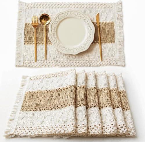 FEXIA Boho Placemats Set of 4, Macrame Table Decor Farmhouse Style Placemats in Natural Cotton Burlap, for Kitchen and Dining Table Centerpiece Home Decorations（Beige & Brown）