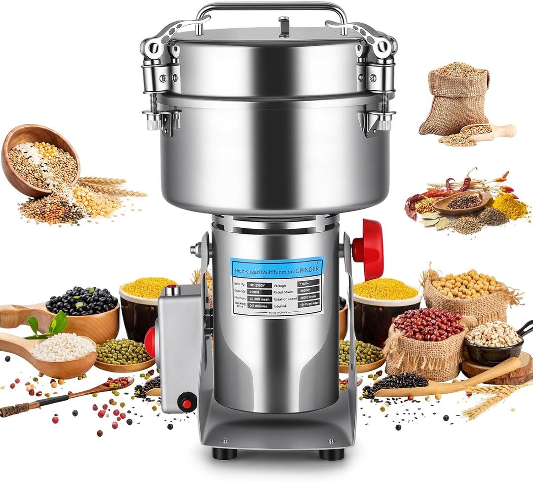 Powerful 3600W Grain Mill Grinder 2500g Stainless Steel, 36000 RPM Triple-Blade System, 270 Swing for Easy Flour Making, 30-300 Mesh Adjustable, for Home Kitchen & Coffee Shop