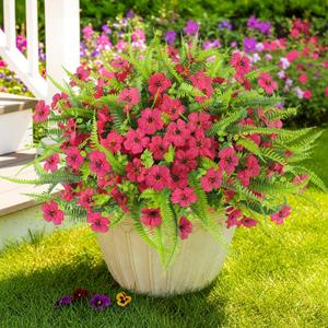 ATTGREAT Artificial Flowers for Outdoors UV Resistant Faux Plants Outside Fake Plastic Flower Bulk Realistic Artificial Fern Greenery for Garden Patio Planter Summer Home Decor, 12 Bundles (Rose Red)