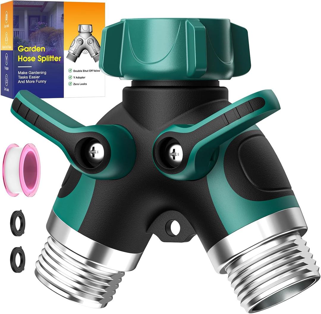2 Way Garden Hose Splitter with Shut Off Valve,Water Spigot Splitter for 3/4" Hose Connector,Heavy Duty Metal Outdoor Faucet Splitter Y Connector for Garden Hose,with 3 Leakproof Washers & 1 tape