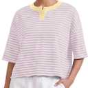 Meladyan Women's Stripes Henley T Shirts Cropped Boxy Tees Oversized Crewneck Short Sleeve T-Shirt Roll Hem Summer Tops (Pink, S)