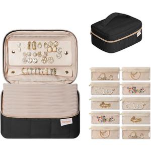 KarSyon Travel Jewelry Case Organizer Jewelry Box with 10 Velvet Pouches Mini Jewelry Organizers Storage for Girls/Women Small Cute Puffer Bags for Earrings,Rings,Necklaces,Bracelets (Black, Large)