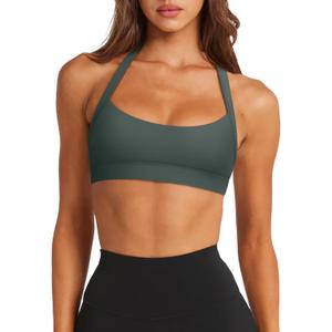 LASLULU Womens Halter Sports Bras Scoop Neck Workout Tops Padded Backless (Green, L)