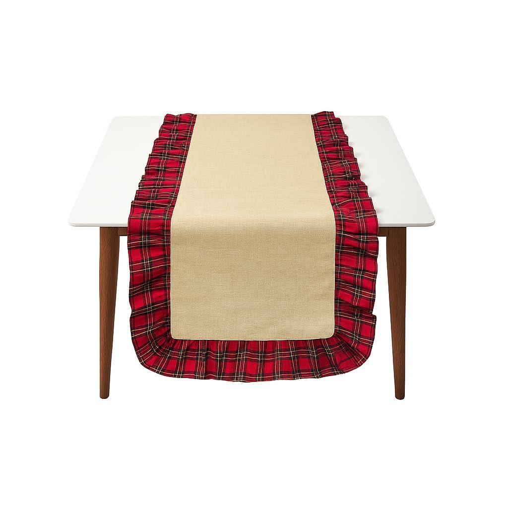 Fennco Styles Holiday Tartan Plaid Ruffle Design Christmas Decorative Table Runner (Ruffle Trim,  Table Runner)