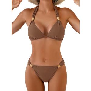 Aidonger Bikini Sets for Women Halter Two Piece Bathing Suit V Neck Tie Back Swimsuit (Brown, XS)