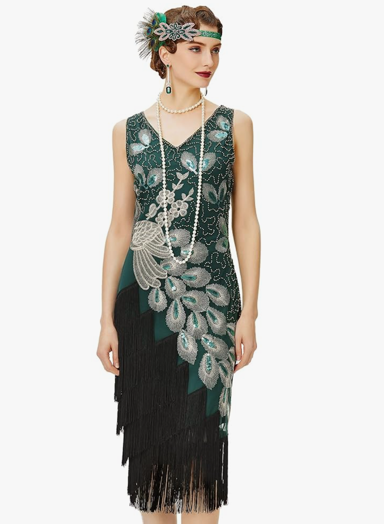 BABEYOND 1920s Vintage Peacock Sequined Dress Gatsby Fringed Flapper Dress Roaring 20s Party Dress, S