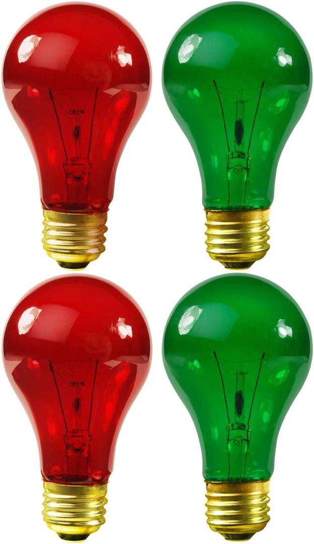 4 Pack 25W A19 Colored Transparent Red and Green Incandescent Medium Base Party Light Bulbs