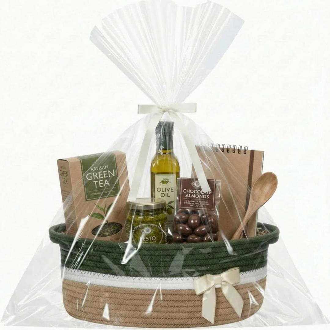 Colingmill Mother's Day Woven Gift Basket Empty for Women with Handles Ribbons Bow Tie Bag, Decorative Woven Gift Basket for Mom, Rope Storage Box Home Decor(14 x 10 x 5.5 Inch, Green Khaki)