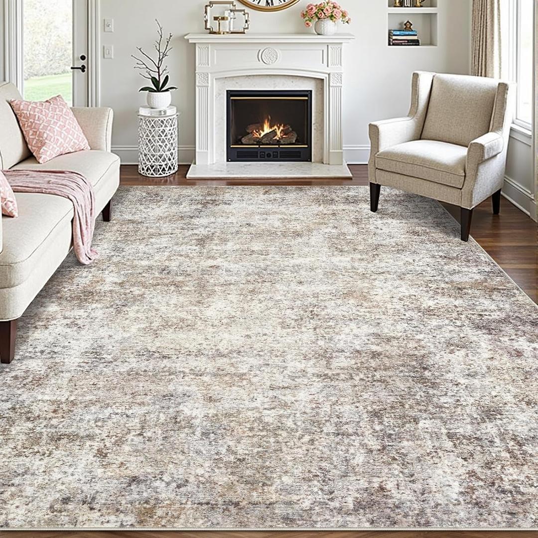 Area Rugs for Living Room: 9x12 Washable Neutral Abstract Rug for Bedroom Large Soft Modern Dining Room Rugs Indoor Floor Low Pile Carpet for Home Office Nursery - Brown Grey (9' x 12')