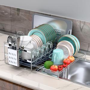 Large Dish Drying Rack, Expandable Dish Rack, 304 Stainless Steel Dish Racks for Kitchen Counter, Multifunctional Dish Drainers with Utensil Holder & Cutting Board Holder