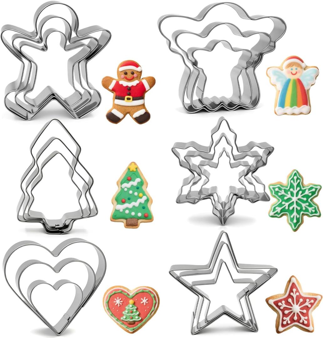 Christmas Cookie Cutters Set - 18 Pieces 6 Shapes - Gingerbread Man, Christmas Tree, Snowflake, Angel, Heart, Five Star - Stainless Steel Metal Biscuit Molds for Winter Holiday Baking Food Party Decor