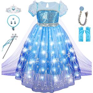 Light Up Girls Halloween Costume Snow Princess Dress Ice Christmas Costumes Toddler Kids Costume with Accessories (5-6yrs, Blue)