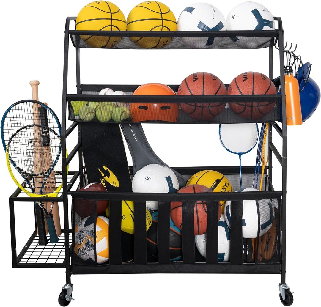 STORAGE MANIAC Ball Storage Bin Rolling Sports Ball Cart, Metal Garage Organizer Sport Rack Basketball Storage Cage for Garage or Gym, Indoor & Outdoor Sports Equipment Organizer (Black)