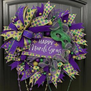 Mardi Gras Wreaths 16 Inch Glitter Mardi Gras Wreath for Front Door Purple Green and Gold Mesh Decorations for Carnival Party Wall Home Window Porch Holiday Indoor Outdoor Decor