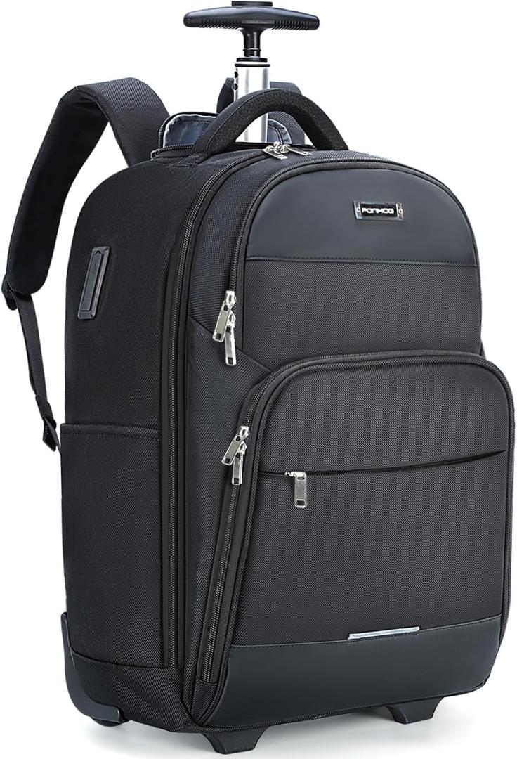 Ponhog Rolling Backpack, 30L Travel Laptop Backpack with Wheels, 15.6 Inch Roller Carry on Luggage with USB Charging Port, Flight Approved Personal Item Wheeled Suitcase for Men Women Adults, Black