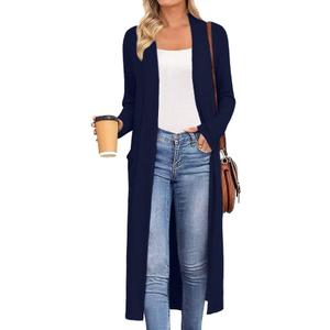 AYIFU Womens Maxi Cardigan Lightweight Long Sleeve Open Front Casual Cardigans Duster with Pockets (Large, Navy Blue)