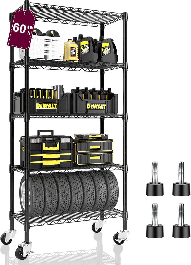 5 Tier Wire Shelving with Wheels Casters, 750 lbs Heavy Duty Storage Shelves Metal Shelving, Rolling Adjustable Shelving Unit Wire Rack for Kitchen, Garage, Pantry 14" D x 30" W x 60" H