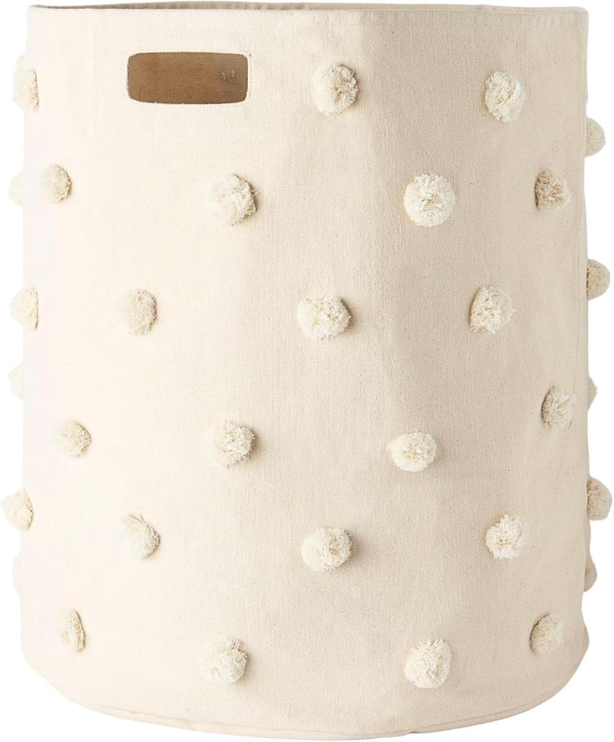 PEHR Pom Pom Basket, Hamper, Grey, Cotton Canvas Storage, 18" D x 20" H