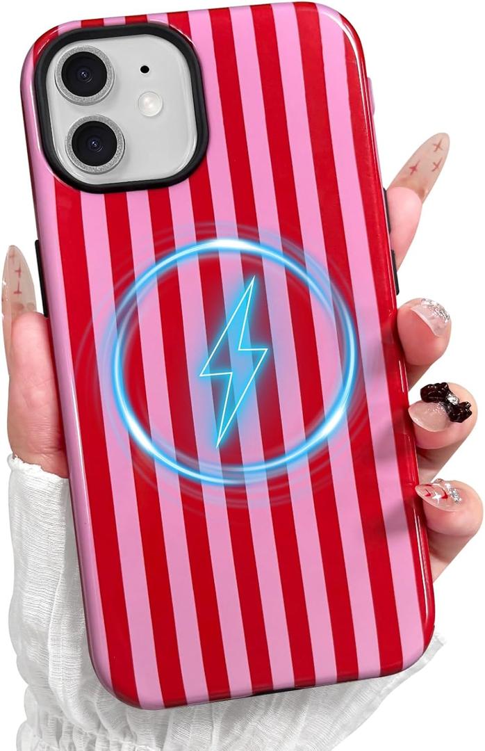 Magnetic for iPhone 11 Phone Case, Cute Striped Pattern Aesthetic Gloss Design, Stylish Shockproof Soft TPU and Hard PC 2-in-1 Protective Cover for iPhone 11, Red