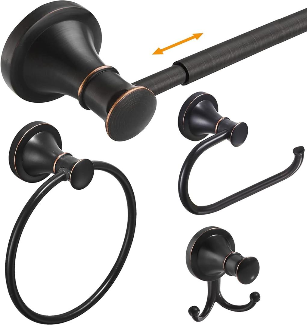 Hoimpro Oil Rubbed Bronze Bathroom Accessory Set, 4-Piece Wall Mount Hardware with Adjustable Towel Bar Rack, Towel Ring, Paper Towel Holder, Double Towel Hooks