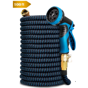 Kotto 100 ft Flexible Garden Hose, Water Hose for Outside with 10 Spray Nozzles, Brass Connector, Leak-Proof, Blue