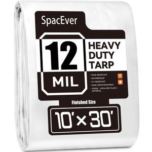 Tarp Heavy Duty 10x30 FT, 12 Mil Thick Large Tarps Water-Proof with Grommets, UV& Tear Resistant, Plastic Cover for Pool Roof Tent Outdoor Firewood, White