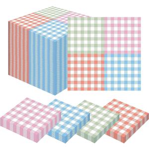 5 x 100 Pcs Gingham Pastel Checkered Napkin 2 Ply Disposable Scalloped Cocktail Napkins Plaid Paper Decoration for Wedding Birthday Beverage Fiesta Baby Shower 6.5 x 6.5 Inches