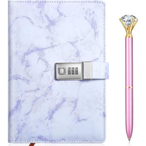 Zonon Diary with Lock for Girls Marble PU Leather A5 Journal Combination with Diamond Pen Back to School Gifts Lock Diary Planner Organizer for Men and Women(Purple,1 Pcs)