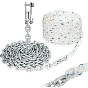 Windlass Anchor Rode Rope/Chain, 1/2" Anchor Line 3-Strand 200ft with 1/4" G4 Hot-Dipped Galvanized Anchor Chain 15ft and Swivel Connector Kit, 1/2"x200' Rope&1/4"x15' Galvanized Chain