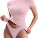 OMKAGI Double Lined Slim Fit T Shirts for Women Short Sleeve Crew Neck Crop Top (XL)