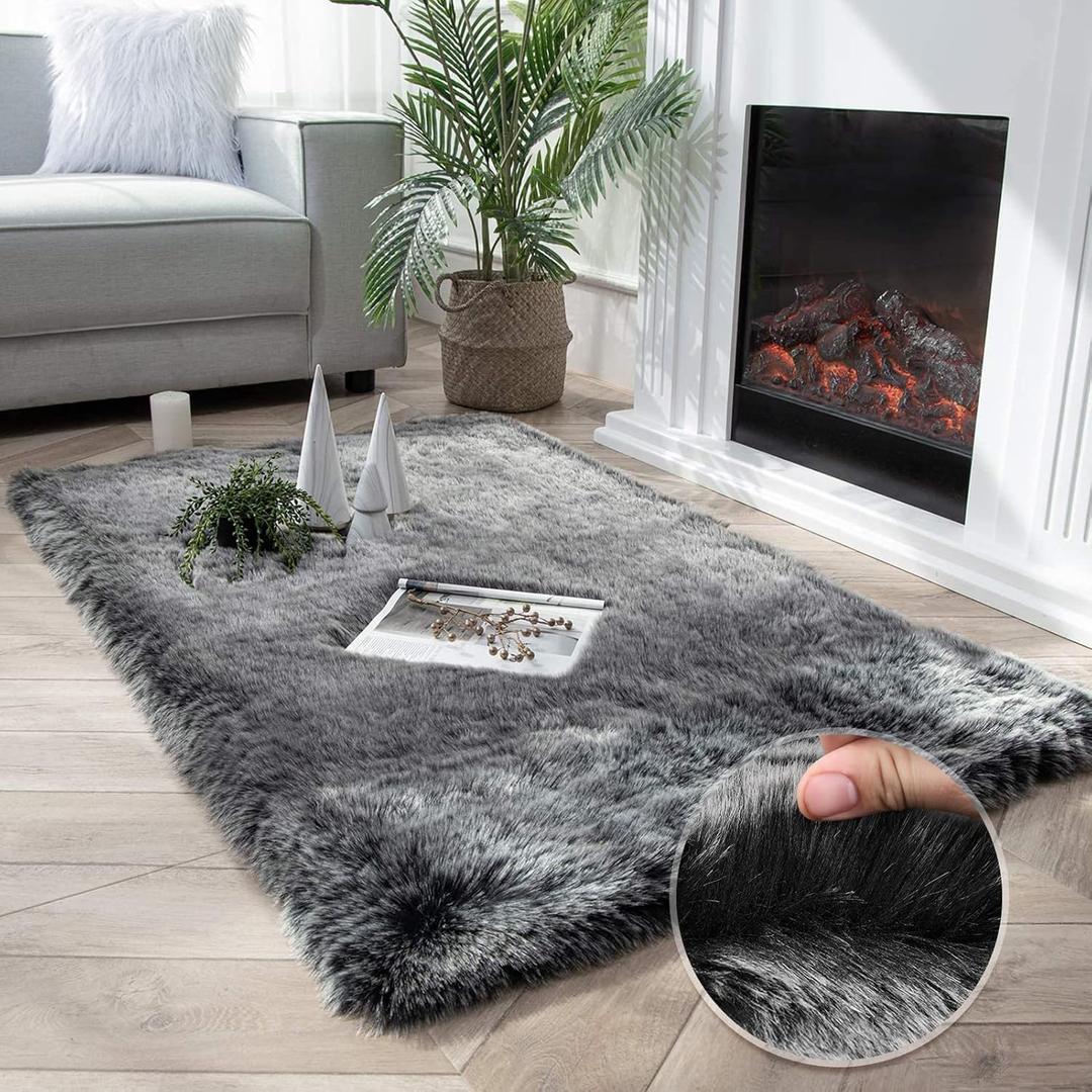 Ashler HOME DECO Soft Fox Faux Fur Chair Couch Cover Area Rug for Bedroom Floor Sofa Living Room Black White Rectangle 3 x 5 Feet