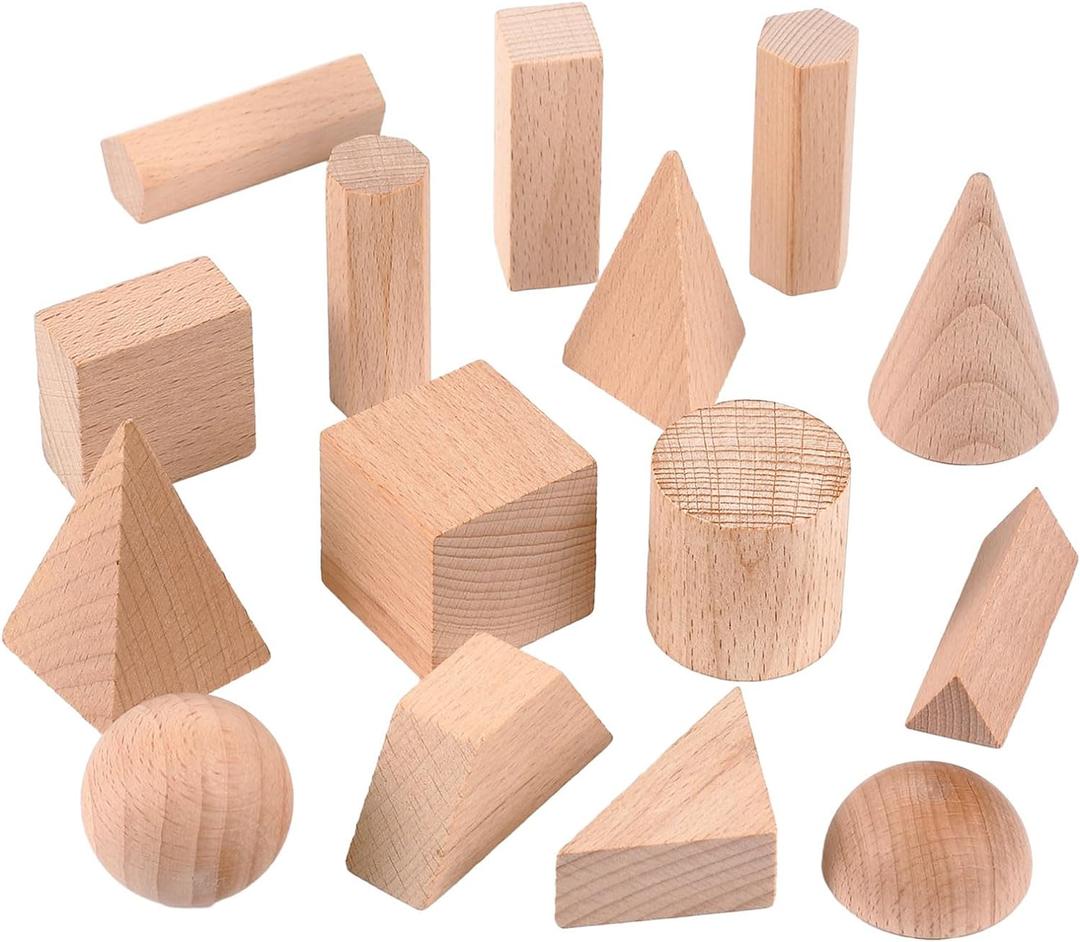 Syhood 15 Pcs 3D Shapes Geometric Solids Wooden Shapes Large Size Burlywood Color Geometric Blocks Set Montessori Learning Toy Pattern Blocks Solid for Preschool Elementary Home School Supplies