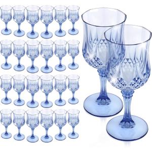 24 PCS Plastic Glasses,Reusable Plastic Drinking Glasses,Vintage Style Glasses Drinking Set for Wedding,Grand Event Party Supplies (Blue)
