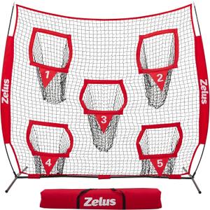 ZELUS 8 x 8ft Football Throwing Net, Quarterback Training Equipment with 5 Target Pockets, Football Practice Throwing Passing Accuracy Trainer with Carry Bag Ground Stakes for Kids Adults, Red