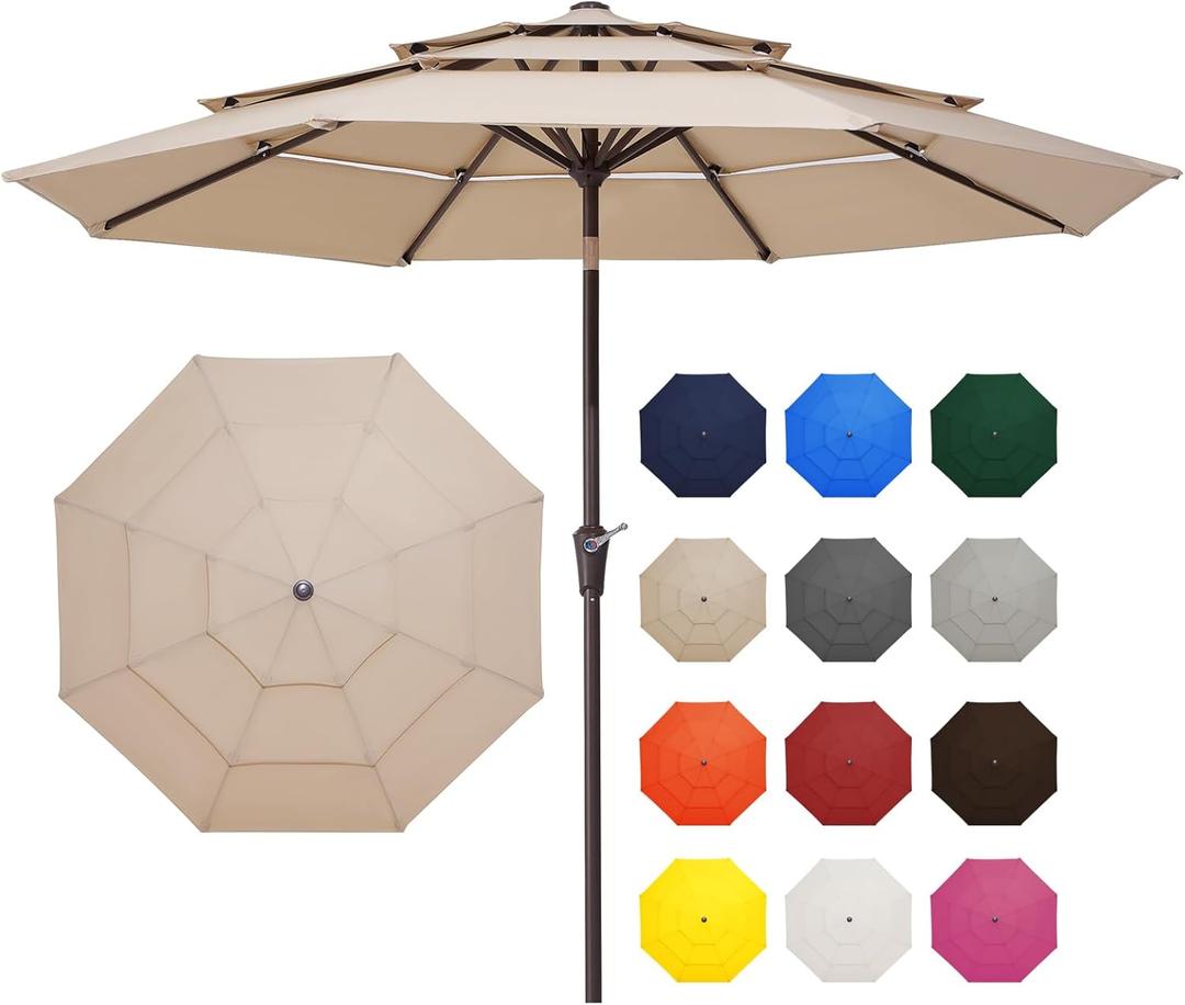 9FT 3 Tier Patio Umbrella Outdoor Market Umbrella Table Umbrellas with 8 Ribs 1.5 Pole Push Button Tilt and Crank UV Protection for Garden, Beige