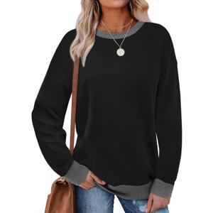 Saloogoe Sweatshirts for Women Crewneck Long Sleeve Loose Fit Tops Color Block Ribbed Trim Fashion 2024 (Large, C-black)