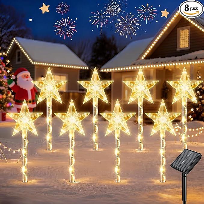Solar Lights Outdoor Christmas Decorations: 8 Pack 64 Warm White LED Star Pathway Lights  2025 Upgrade Outside Solar Christmas Decorations with 8 Modes for Yard Garden Porch Lawn Decor