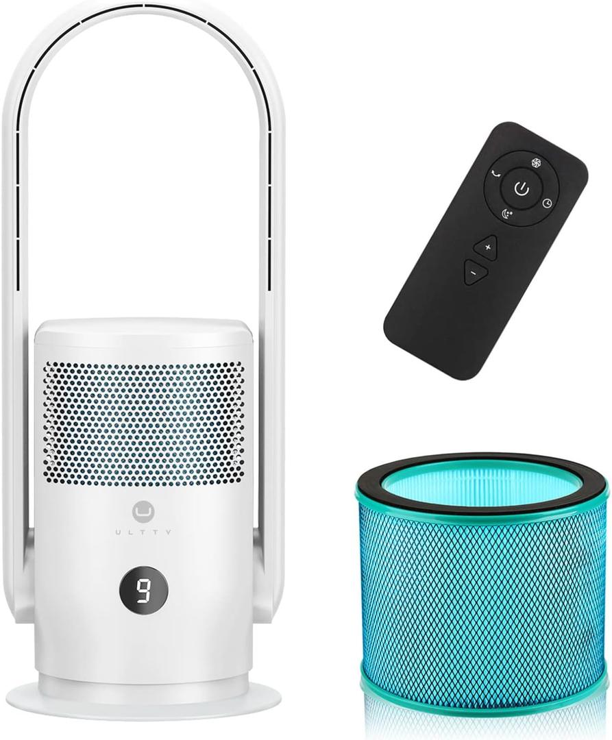 ULTTY Bladeless Tower Fan with Air Purifier, 90 Oscillating Bladeless Fan with Remote, Touch, 8H Timer, Floor Fans for Bedroom Whole Room Home Office R021, White (Medium)